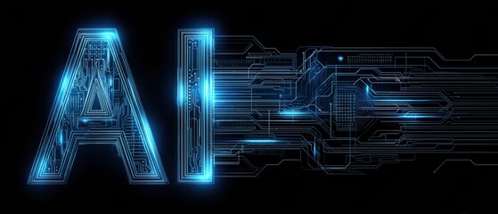 Glowing blue ai circuitry patterns on solid black background