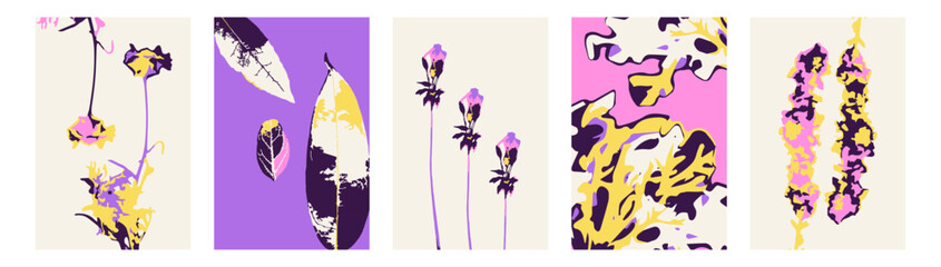 Set of 5 abstract minimalist floral cards with herbs. Collection of vertical backgrounds with modern whimsical botanical designs. Posters bundle with cottage core plants.