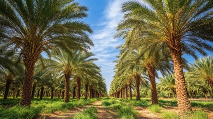 Obraz premium Palm grove pathway, sunny day, agriculture, oasis background; travel poster
