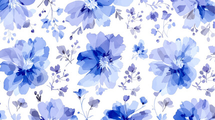 Seamless floral pattern, watercolor background pattern blue flowers on white background