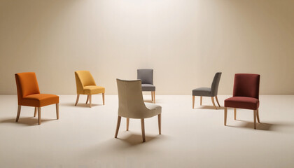 Colorful chairs arranged on a neutral background