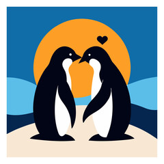 Vector art illustration of penguins in love on the beach
