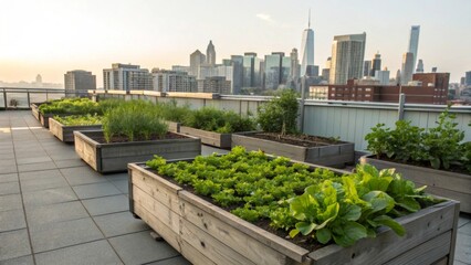Fototapeta premium Urban gardening initiative raised garden beds overflowing with fresh vegetables on a rooftop city skyline view green living concept
