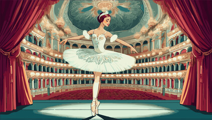 A ballerina trains ballet in a theater hall color vector illustration. EPS. © Dzianis