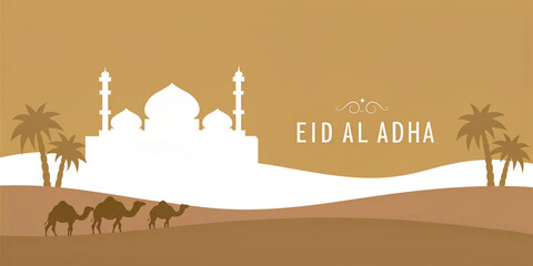 Eid Al Adha Desert landscape with mosque camels and palm trees Warm earthy tones