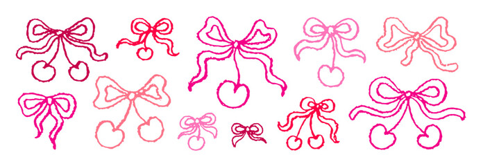 Bow cherry sketch. Crayon ribbon bow with cherry. Vector coquette line drawing. Doodle outline band silhouette. Gift preset icon. Hand drawn vintage girly bowtie. Valentine red pink brush ribbon bg