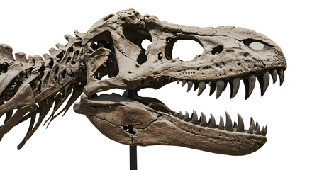 Naklejka premium Fossilized Tyrannosaurus Rex Skeleton with Sharp Teeth Displayed on White Background in a Museum