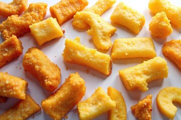 Variety of processed snacks against pure white , processed, fries