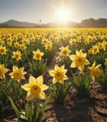 Golden daffodil petals sparkle under bright sun in a vast field , floral, springtime, outdoor