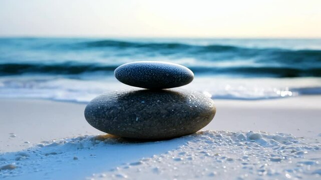 Polished stones stacked balanced on white beach sand at high tide, sparkling ocean background, rim light, zoom in video. Concept of natural harmony