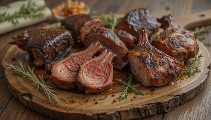 Wooden plate with grilled meat and fresh herbs