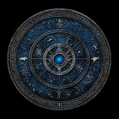 Intricate Circular Metallic Emblem with Glowing Blue Gem