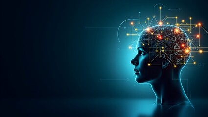 Obraz premium Futuristic abstract illustration of a digital human head with neural networks, tech icons, and data streams on a blue gradient background.