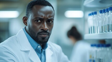 Scientist analyzes samples in a laboratory setting with a focused expression and sterile environment