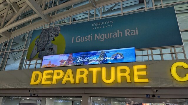 I Gusti Ngurah Rai International Airport departure gate and sign in Denpasar, Bali Indonesia - taken on 28th Apr 2025
