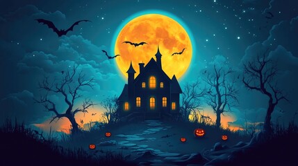 Haunted house under a full moon with bats and carved pumpkins on a dark night
