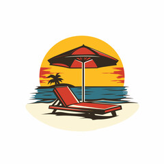 A vibrant beach logo with a lounge chair and umbrella.
