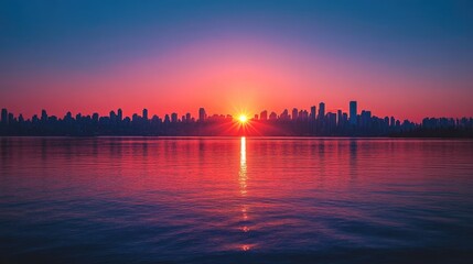 Fototapeta premium Vibrant sunset over a city skyline reflecting on calm water at dusk