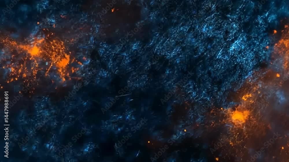 Poster dynamic abstract animation of fiery sparks and textured blue background