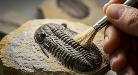 Hand Carefully Cleans Trilobite Fossil with Brush on Stone in Detailed Close Up View with Gray Background