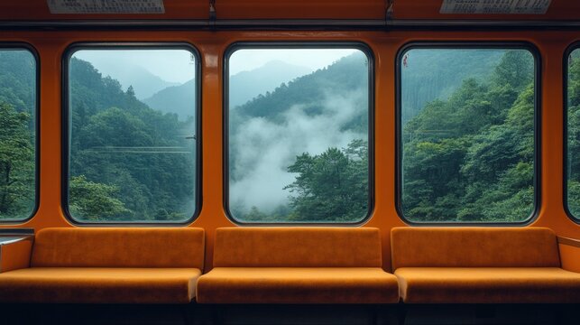 Mountain views from a train carriage with orange seating and fog in the background