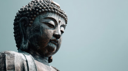 Close up of a weathered bronze buddha statue against a plain light blue sky exudes serenity and ancient wisdom from the weathered features and timeless design.
