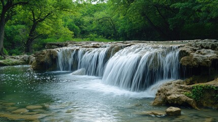 Waterfall cascading over rocky terrain into a serene pool surrounded by lush greenery on a clear day