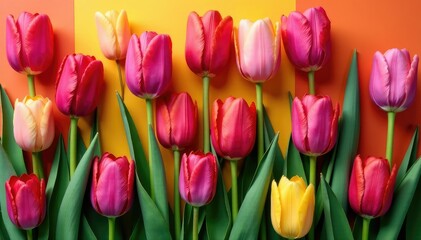 Fototapeta premium Bold stylized tulips arranged in a square grid , decor, element, art