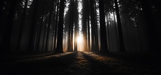 Ethereal sunlight shining through tall trees in a captivating forest setting