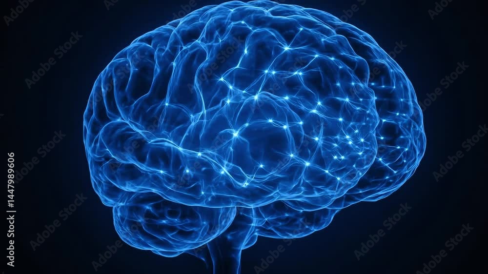 Poster realistic 3d animation of human brain side view with glowing blue neural network connections. perfec