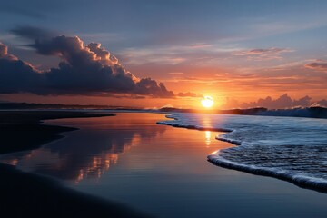 Obraz premium Sunset reflections over shallow ocean waters beach view nature photography