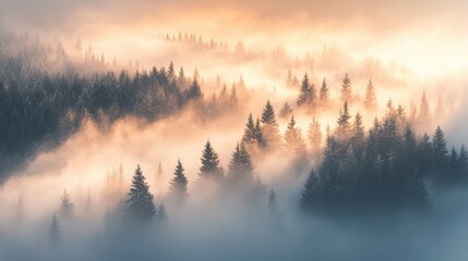 Fototapeta premium Ethereal mountain landscape with dense fog rolling through the evergreen forest at sunrise creating a serene and mystical atmosphere in nature