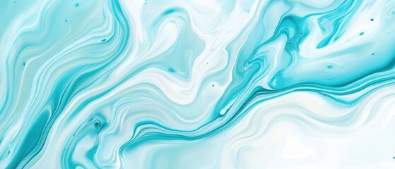 Abstract fluid art with swirling turquoise and white paint creating a mesmerizing marble effect background capturing movement and depth in a contemporary style