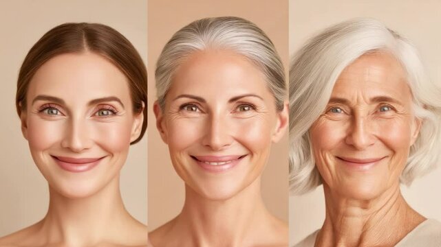 Aging Gracefully:  Three women of different ages, showcasing healthy, radiant skin and natural beauty at various life stages.