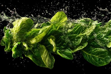 Fresh green lettuce leaves being splashed with water on a black background, a close-up.
