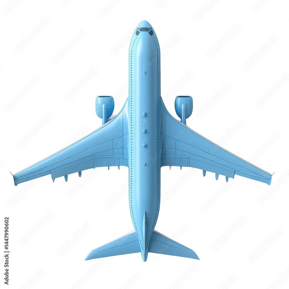 Poster volumetric illustration of an airplane depicted in a simple blue design highlighting its structure a