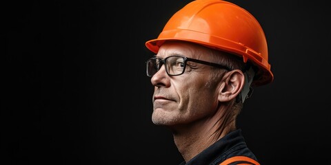 Man in Orange Hard Hat and Glasses Profile Against Black Background Wearing Dark Work Shirt Looking into the Distance
