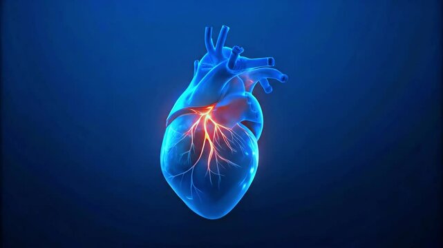 Realistic 3D animation of human heart with glowing electric impulses and nerve signals. Ideal for medical, anatomy, and science presentations.
