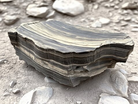 Striking sedimentary rock formation with distinct layers on arid terrain showcasing geological history and natural textures in a close up shot with neutral lighting