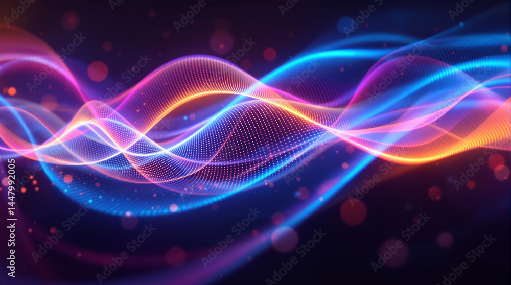 Poster illuminated waves: an abstract representation of vibrant light waves flowing gracefully across a dar
