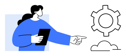 Woman holding a tablet and pointing at a cloud and gear icon, symbolizing teamwork, innovation, workflow, and technology. Ideal for cloud computing, IT solutions, and simple landing page