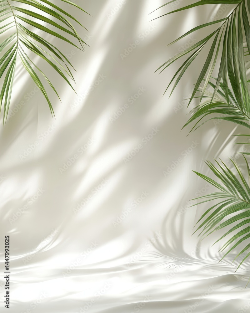 Poster serene backdrop of tropical palm fronds casting soft shadows on a smooth white fabric creating a cal