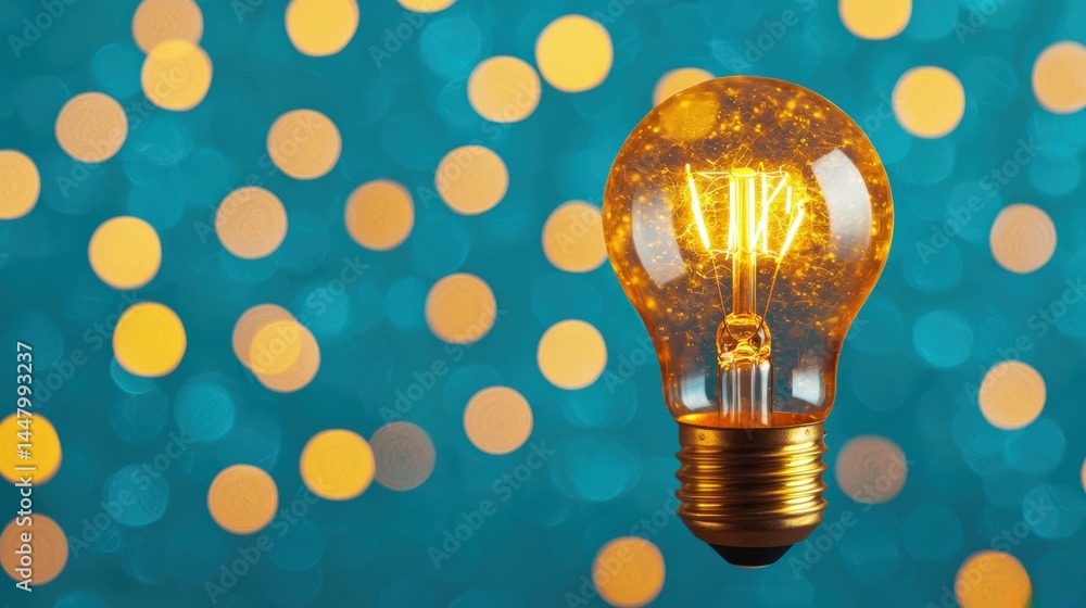Poster Illuminated light bulb shining on a turquoise background with bokeh effect