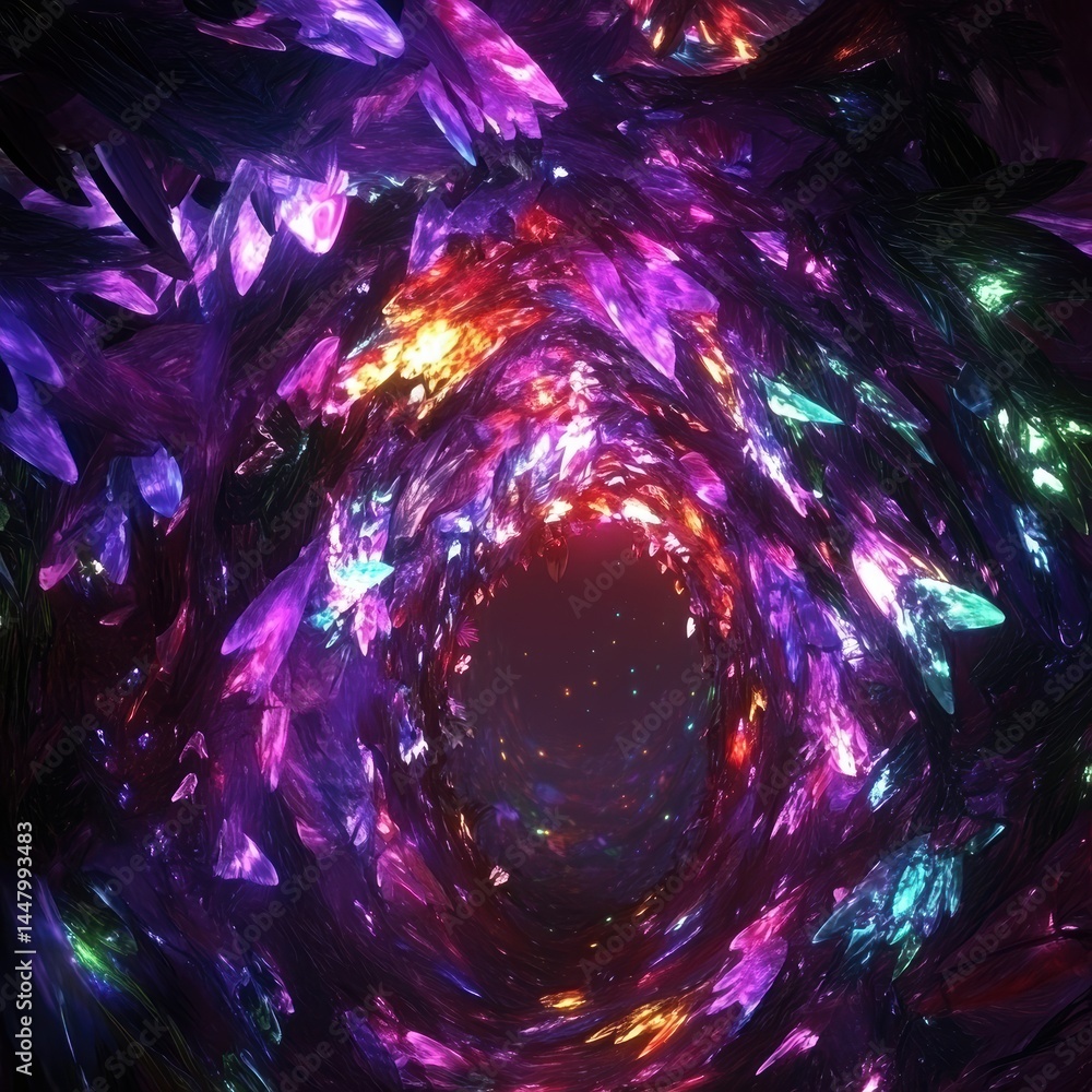 Poster abstract crystal tunnel with vibrant purple and orange colors creating a mesmerizing and immersive v