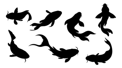 set of koi fish silhouette vector on tranparent background
