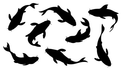 set of koi fish silhouette vector on tranparent background