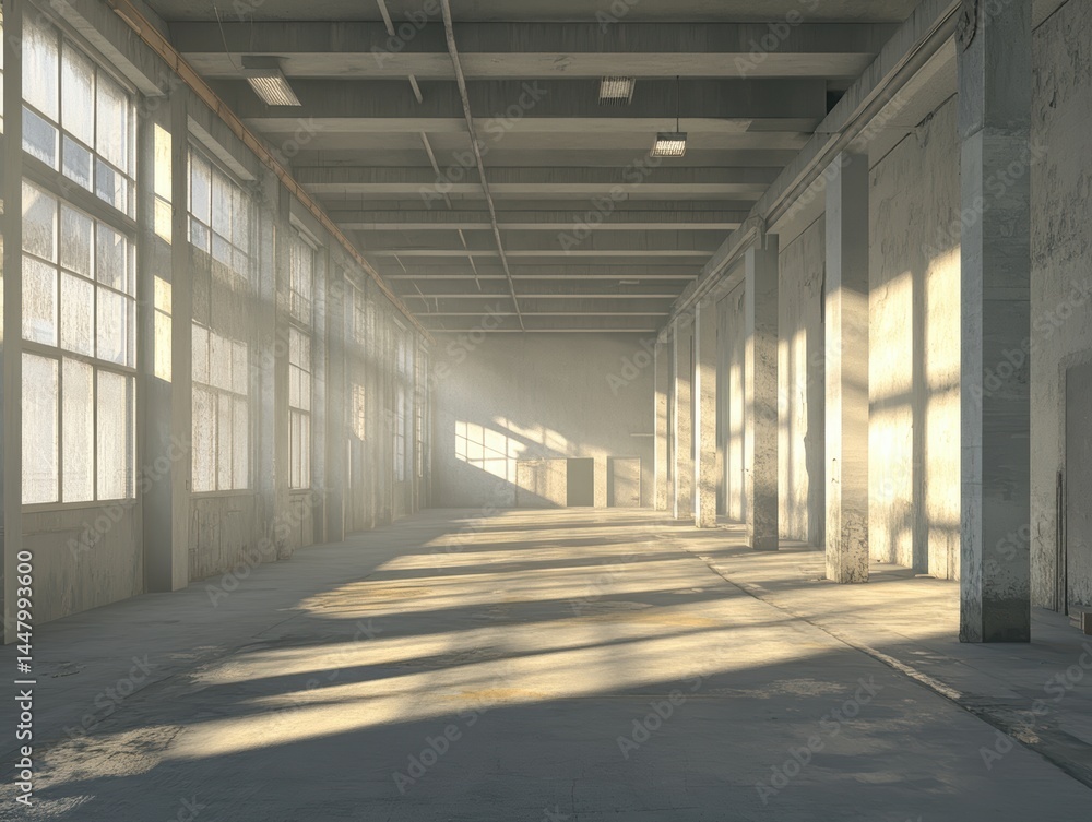 Poster sunlight streams through windows illuminating empty industrial warehouse with concrete pillars and f