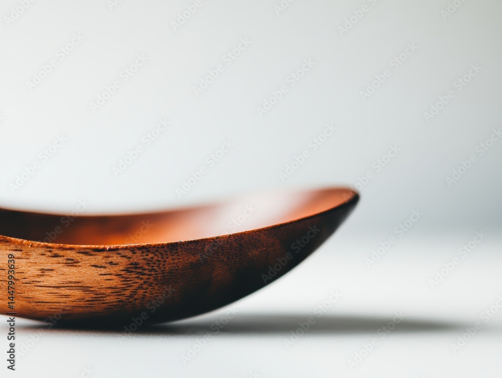 Poster wooden spoon resting on a white surface showcasing its smooth texture and warm tones in a minimalist