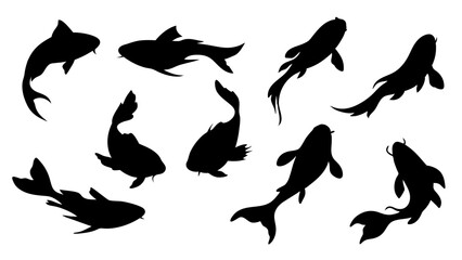 set of koi fish silhouette vector on tranparent background