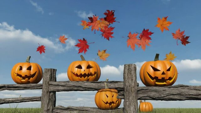 A festive autumn scene with pumpkins and fall foliage.